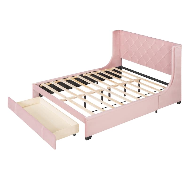 Queen Size Storage Bed Velvet Upholstered Platform Bed with Wingback Headboard and Large Drawer
