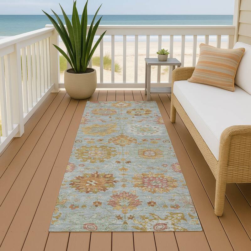 Machine Washable Indoor/ Outdoor Vintage Traditional Chantille Rug - Seafoam - 2'3" x 7'6"