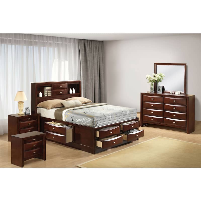 Furniture of America Brent 5-Piece Wood Platform Bedroom Set with Drawers and Bookcase Headboard - Dark Cherry - King