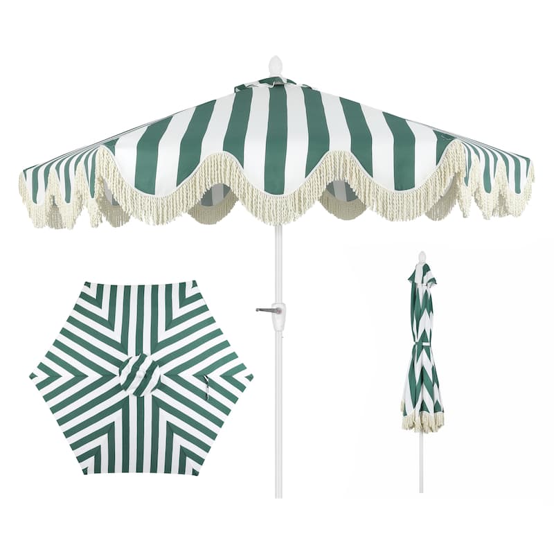 9ft Tassel Patio Umbrella Auto-Tilt, Crank , by JONATHAN Y