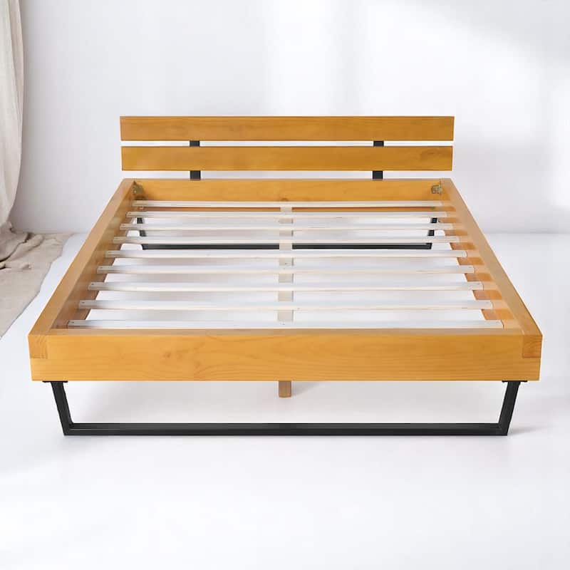 Queen/King Size Bed Frame with Headboard, Solid Pine Wood and Iron Platform Bed, Industrial Modern Design, No Box Spring Needed