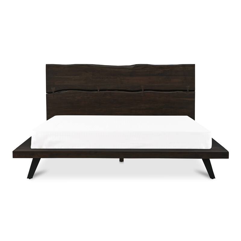 NADAAL STUDIOS Sterling Brown Solid Acacia Queen Platform Bed with Organic Edge Headboard and Steel Legs - Dark Brown - King