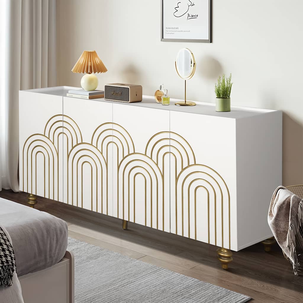 Fluted Sideboard Buffet Cabinet, 4 Doors Storage Cabinet Accent Cabinet TV Cabinet for Living Room