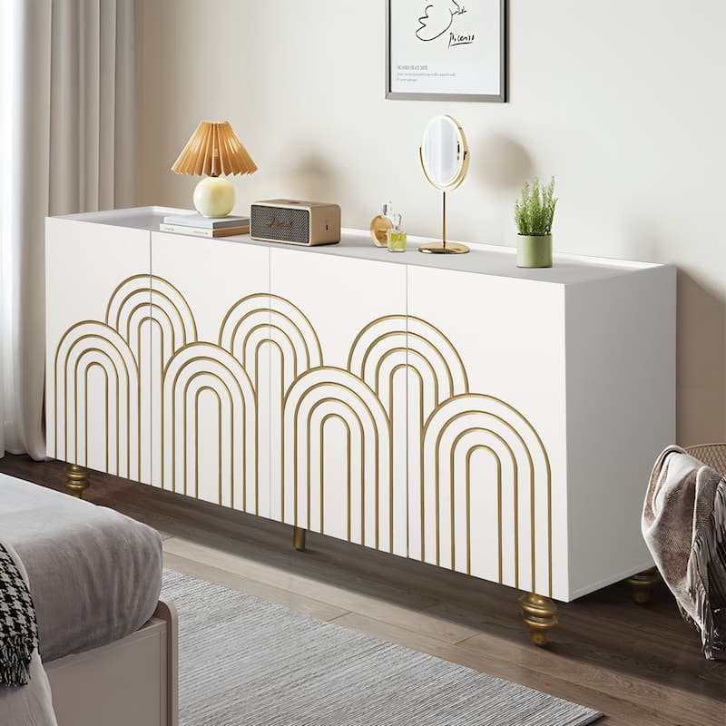 GDFStudio - White Modern Fluted 4-Door Sideboard Buffet with Adjustable Shelves for Kitchen, Dining & Living Room
