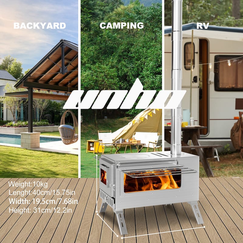 Large Camping Wood Stove, Portable Stainless Steel Hot Tent Stove with 7 chimney pipes