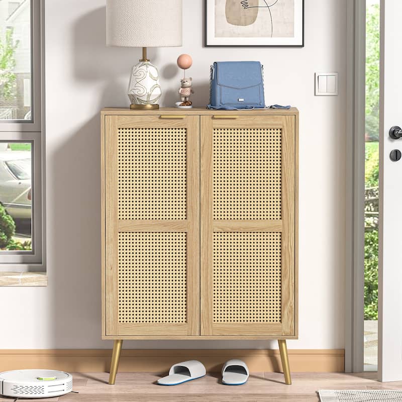 16 Pairs Rattan Shoe Storage Cabinet Freestanding Shoe Rack Organizer for Entryway