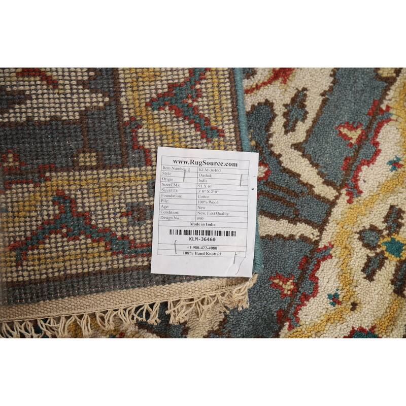 Blue Geometric Oushak Oriental Foyer Rug Handmade Wool Carpet - 2'0"x 3'0"