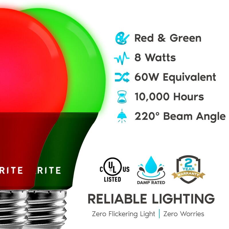 Luxrite A19 Christmas LED Red and Green Light Bulb 60W Equivalent UL E26 Indoor Outdoor Holiday Lighting