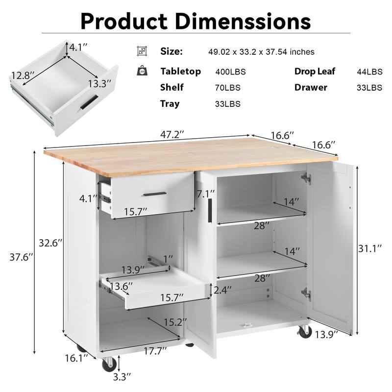 Space-Saving Kitchen Island with Foldable Countertop, Rolling Cart on Wheels, Towel Rack, Drawer & Slide-Out Shelf