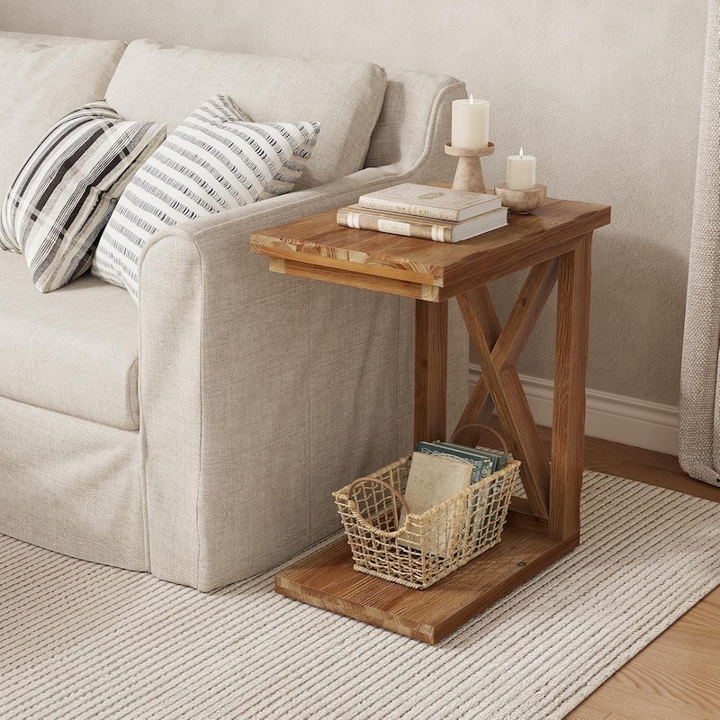 Solid Wood 2-Tier C Shaped End Table with Open Storage Shelf, Sofa Side Accent Table for Living Room & Bedroom Nightstand