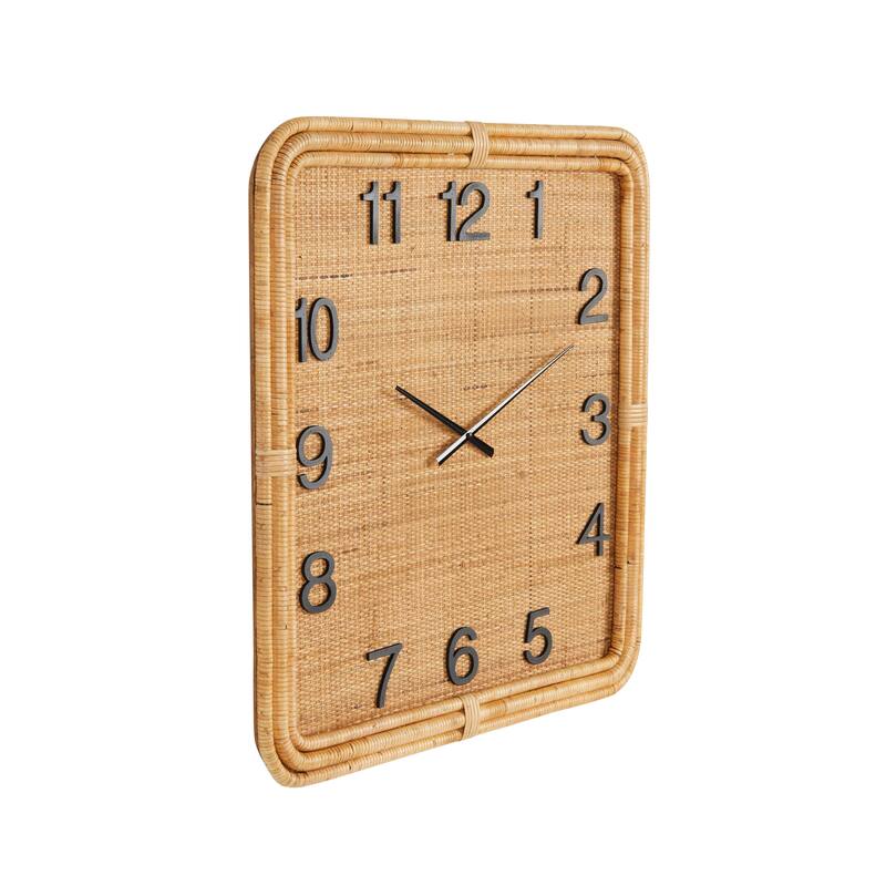 Brown Wood Handmade Woven Decorative Wall Clock with Rattan Wrapped Frame