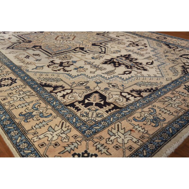 Hand Knotted Oriental 100% Wool Carpet Traditional Medallion Beige & Ivories Heriz (serapi) Area Rug - 9' 7'' X 6' 5''