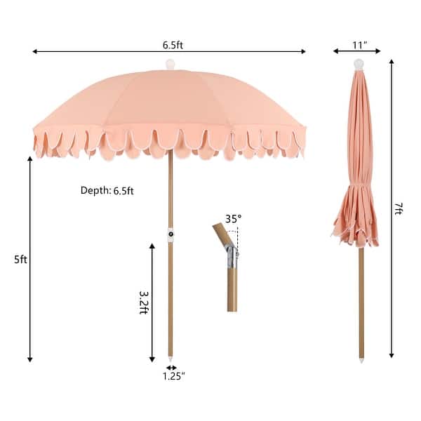 dimension image slide 0 of 4, Horizon Coastal Scalloped Edge Beach Umbrella with Fringe, Push-Button Tilt, UV 50 Outdoor Canopy and Portable Carry Bag