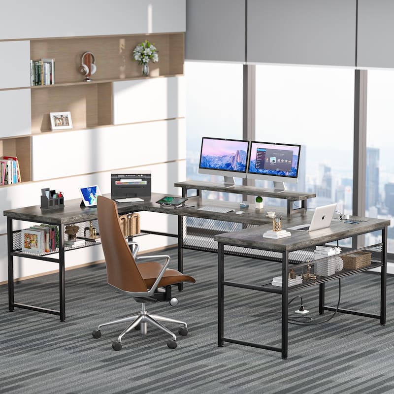 3-in-one U-Shape Computer Desk with Charge Station, Office Corner Desk with Monitor Stand