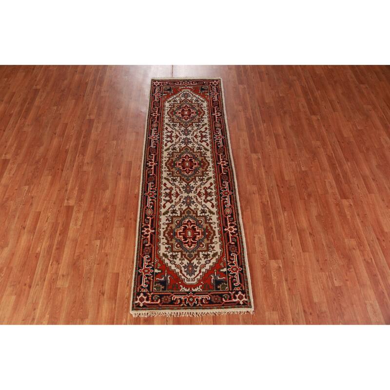 Hand Knotted Oriental 100% Wool Carpet Traditional Geometric Beige & Ivories Heriz (serapi) Runner Rug - 8' 0'' X 2' 7''