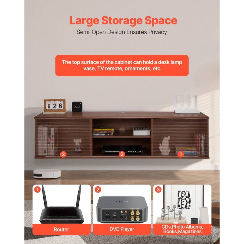 Walnut Particleboard Floating TV Stand with Cable Management, Sliding Doors and 115 lbs Capacity - 60” L x 15.5” W x 14.5” H