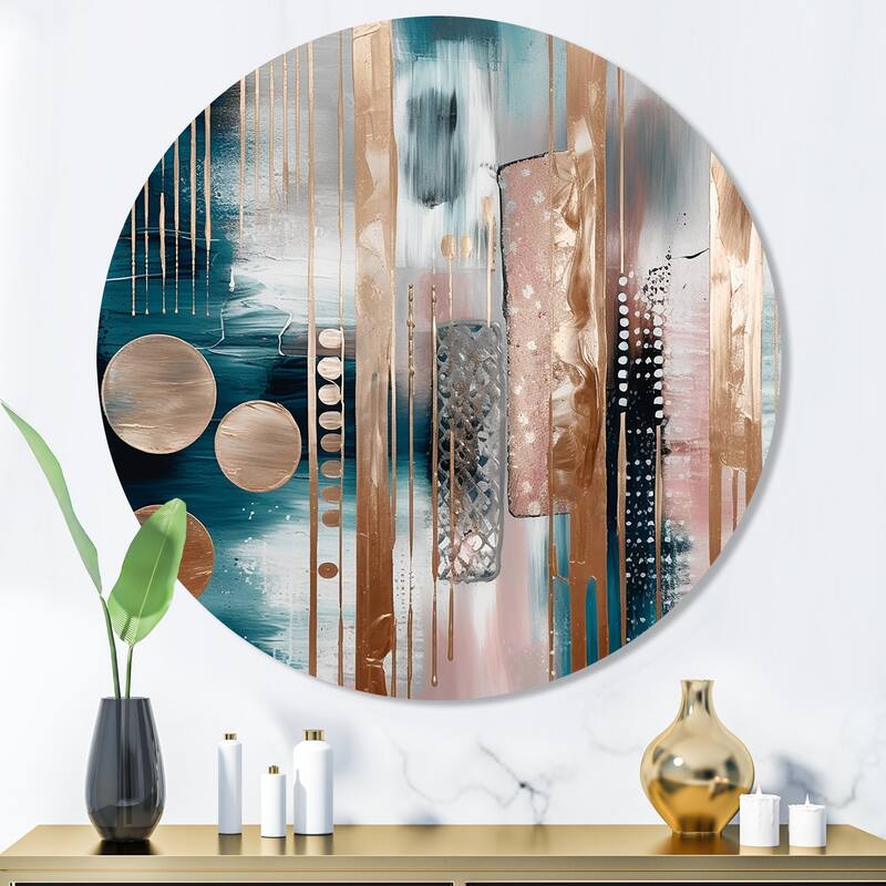 Designart "Soft Colors Shapes And Lines Marble IV" Abstract Marble Metal Round Wall Art - 36x36 - Disc of 36 Inch