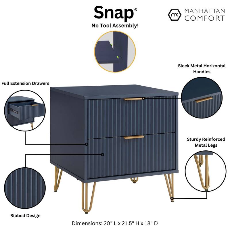 Manhattan Comfort Dumbo Mid Century Nightstand with 2 Drawer and Metal Feet.