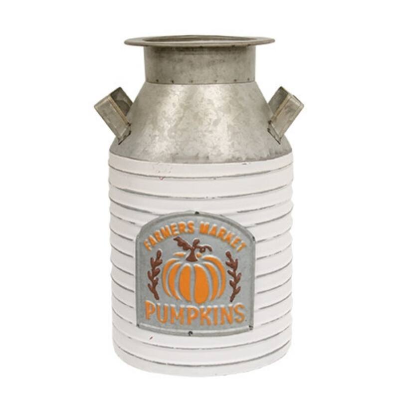 Distressed Ribbed Metal Farmers Market Pumpkins Milk Can Decor - Silver