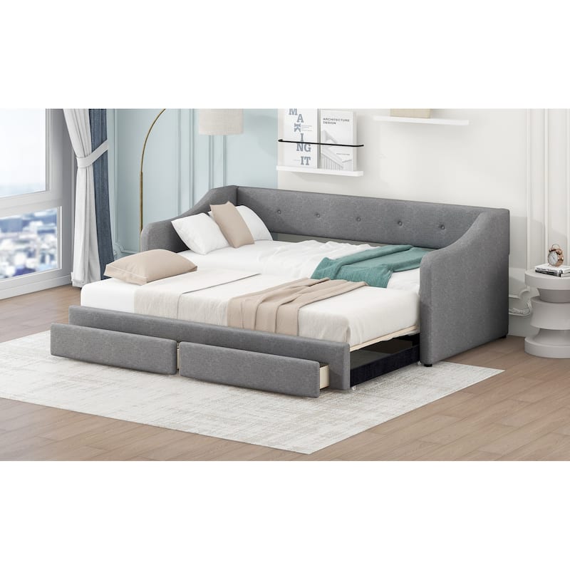 Convertible Twin XL to King Size Upholstered Daybed with Two Drawers, Gray