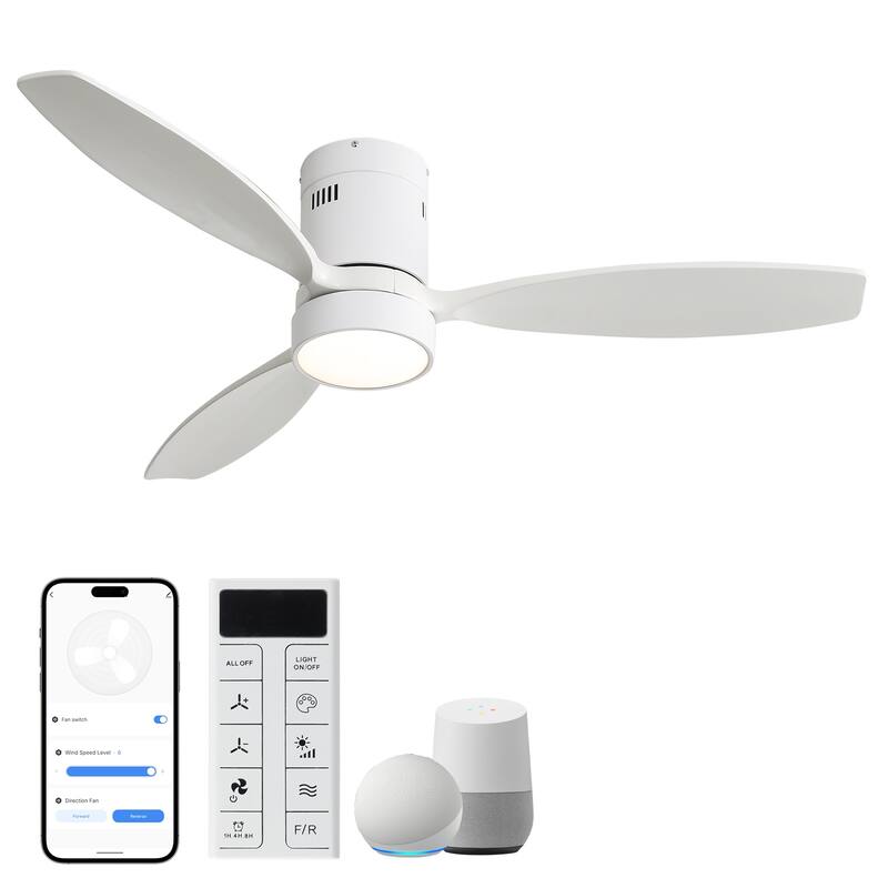 Sofucor 52 Inch Noiseless Flush Mount Ceiling Fan with Remote/Smart App Control,Dimmable Lights Optional,Reversible Motor - 52 Inch - White with White Blades