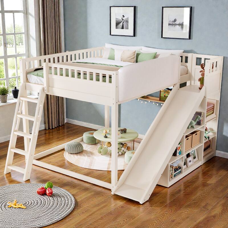 Loft Bed with Upholstered Headboard, Storage Shelves, Ladder and Slide, Solid Wood Frame - Beige - Queen