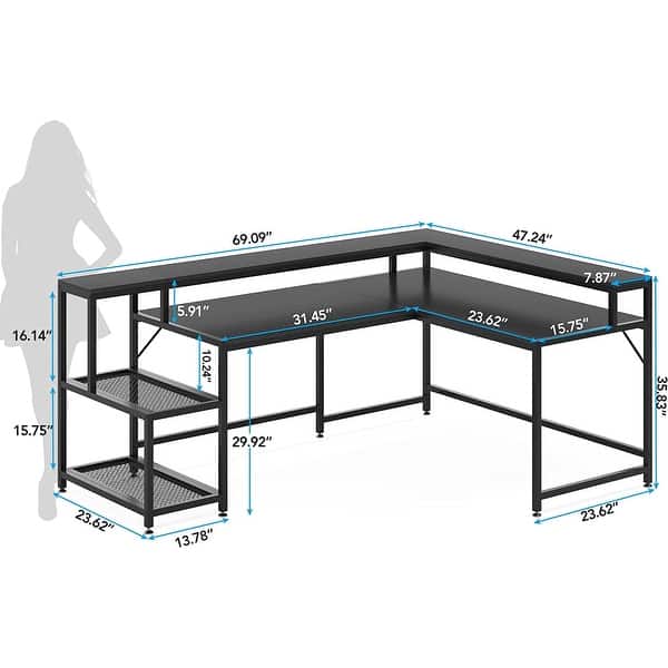 dimension image slide 3 of 4, L Shaped Desk with Monitor Shelf, Reversible Corner Computer Desk for Office Home 69"