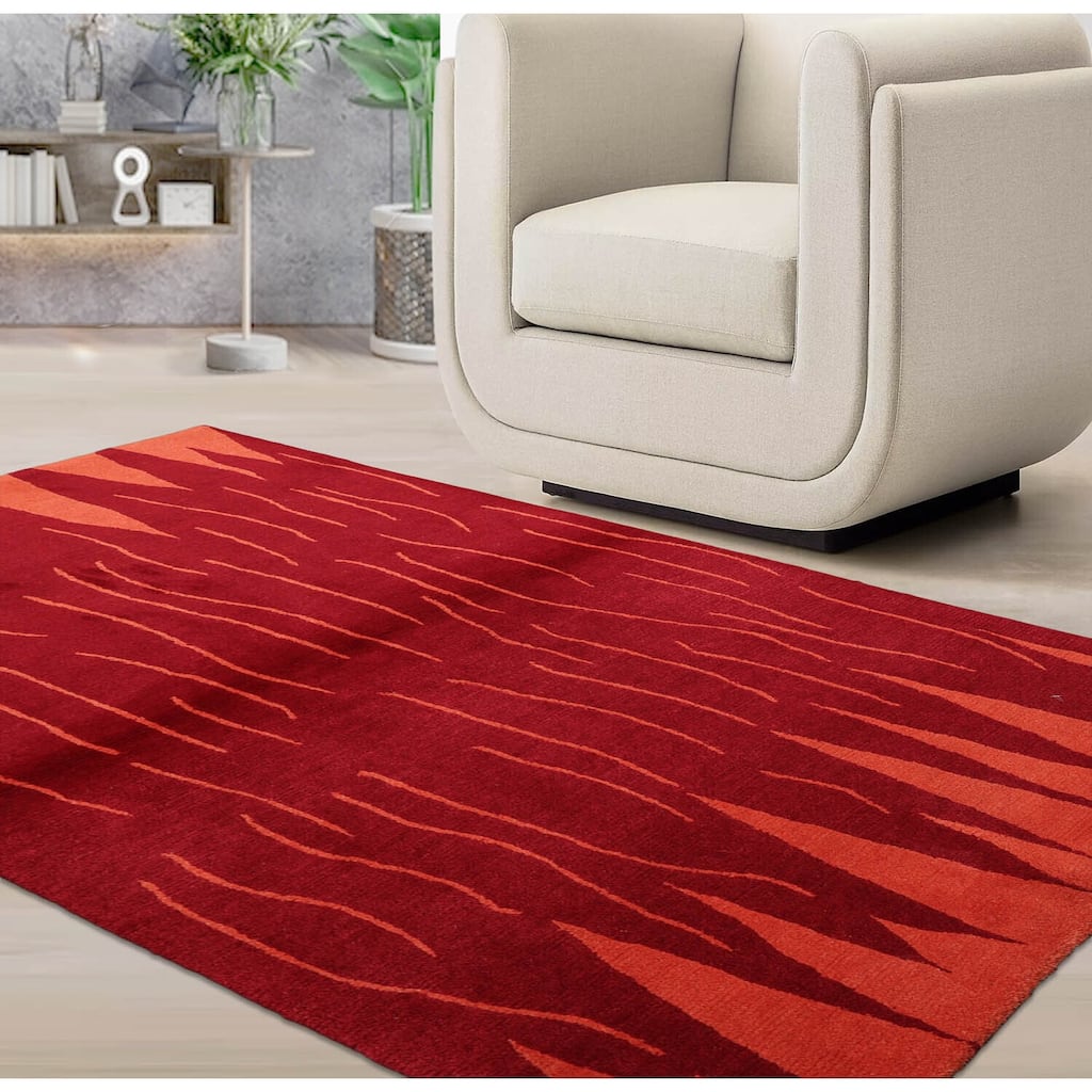 Hand Knotted Tibetan Red,Peach Persian Wool Modern Oriental Area Rug - 4' x 5' 10''