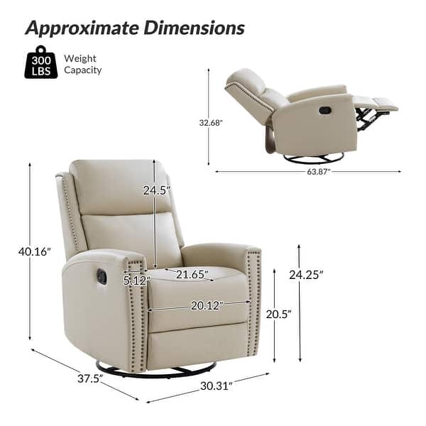 dimension image slide 8 of 12, Fiacro 30.31" Genuine Leather Wingback Swivel Rocker Recliner with Nailhead Trim