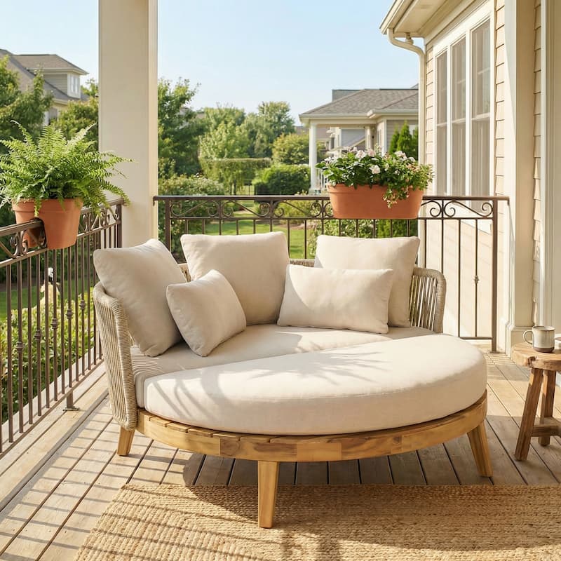 Christopher Knight Home - Martin 60" Outdoor Round Acacia Wood Daybed with Handwoven Rope Backrest & Cushions