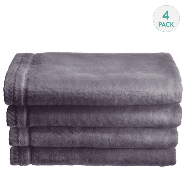 Gray Cotton Hand Towel Set with Embroidered Trim, 4 Pack