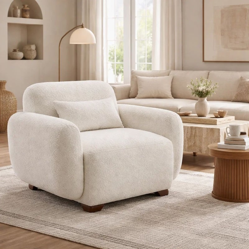 Loem Sofa Chair w Accent Pillow, Box Style Seat, Beige Boucle Fabric