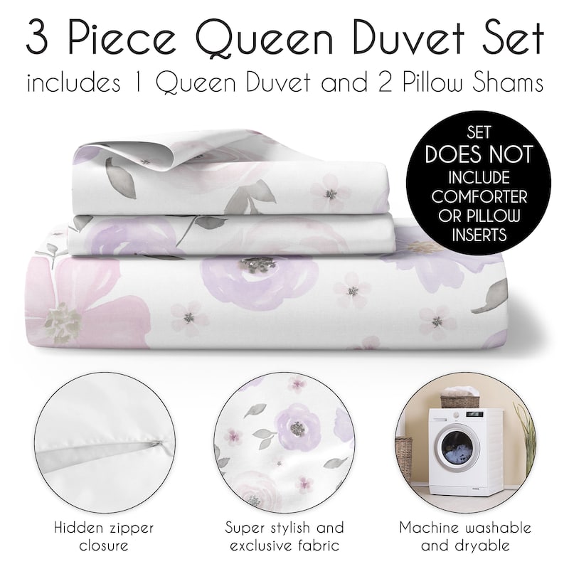 Sweet Jojo Designs Lavender Purple Boho Floral Girl Queen Duvet Cover Bedding Set Grey Watercolor Bohemian Farmhouse Shabby Chic