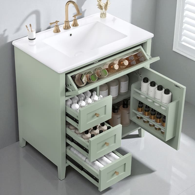 30-Inch Bathroom Vanity with Sink, MDF and Solid Wood Cabinet, 3 Drawers and Adjustable Shelf, Freestanding Design