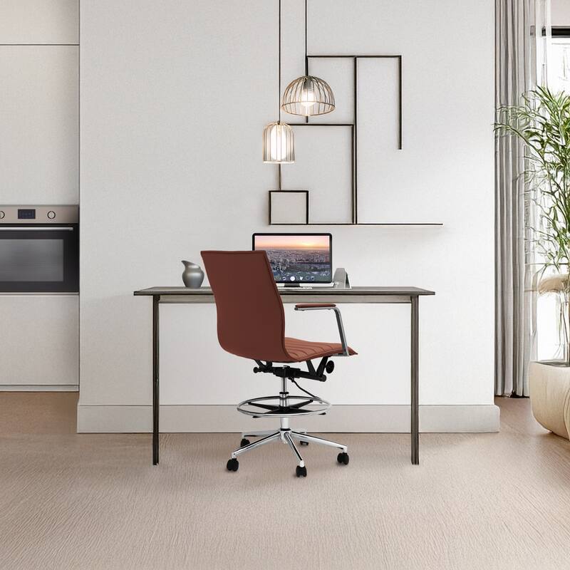 Set of 2 Modern Drafting Chair Upholstered PU Leather Ribbed Mid Back with Tall Adjustable Rest Computer Armchair