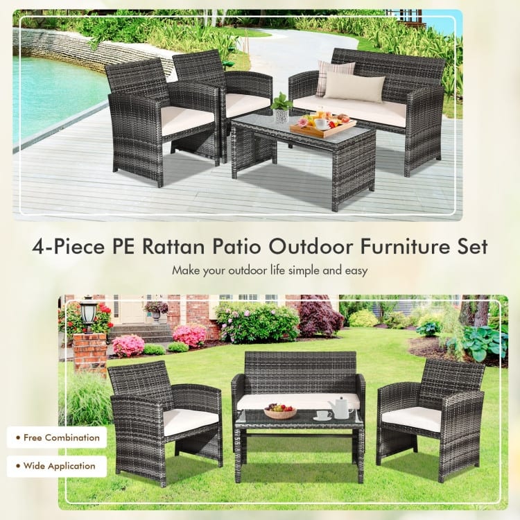 4 Pieces Patio Rattan Furniture Set with Glass Table and Loveseat - 43.5" x 25"x 31" (L x W x H)