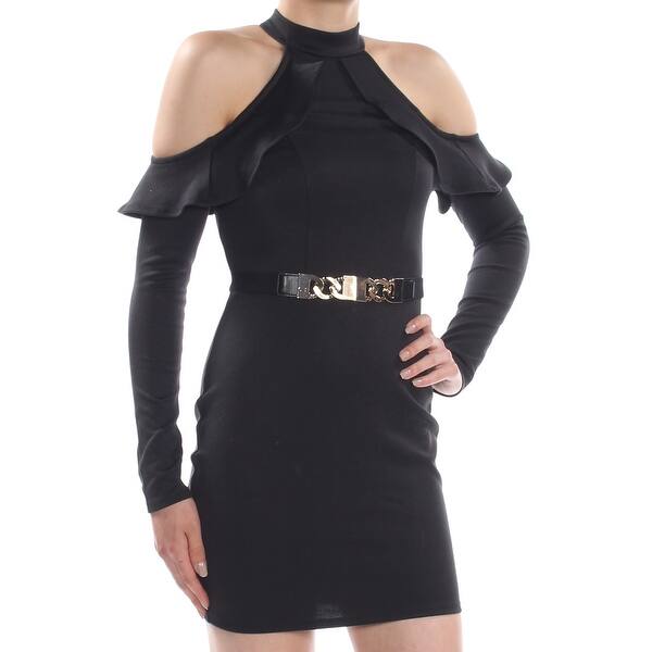 Shop Material Girl Womens Black Belted Cold Shoulder Ruffled Long