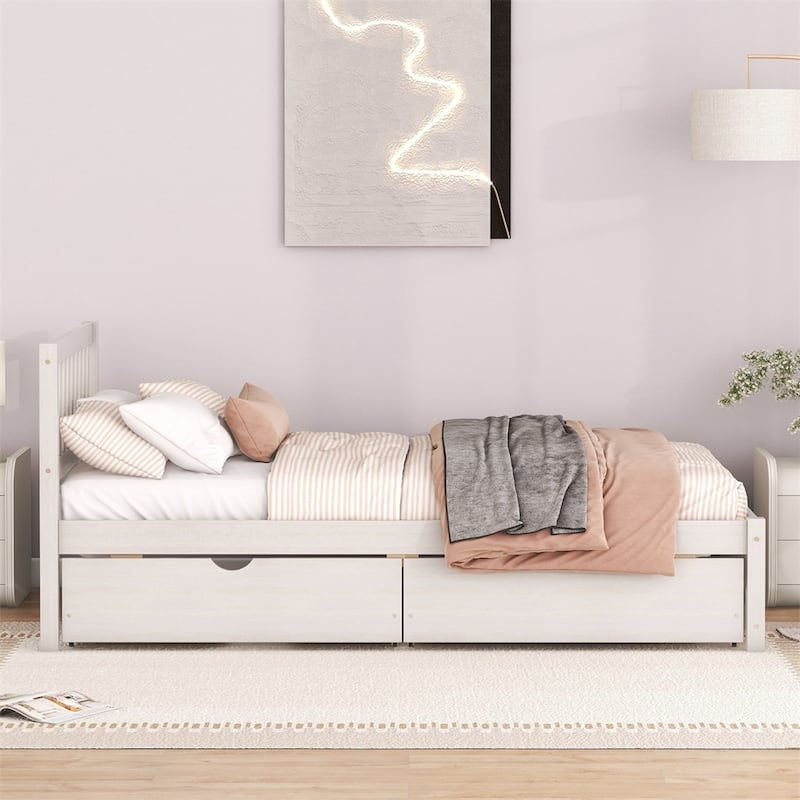 Modern Design Wooden Twin Size Platform Bed with 2 Drawers of White