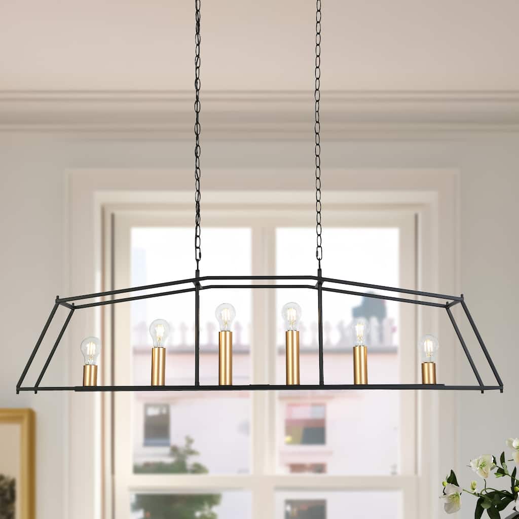 Oversized Modern Farmhouse 6-Light Big Lantern Linear Black Chandelier - 51.2"W x 8.3"D x 21.6" - 112.6"H