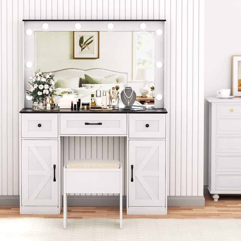 43.3'' Wide Makeup Vanity Dressing With Lighted Mirror and Stool