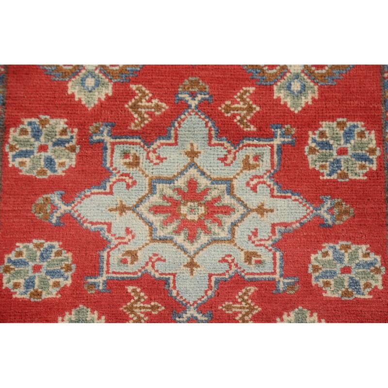 Geometric Kazak Runner Rug Hand-Knotted Traditional Red Wool Carpet - 2'1" x 5'10"