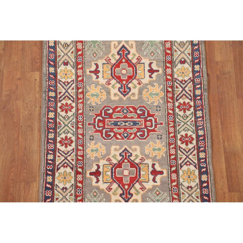 Geometric Kazak Accent Rug Hand-Knotted Grey Wool Carpet - 2'6" x 4'3"