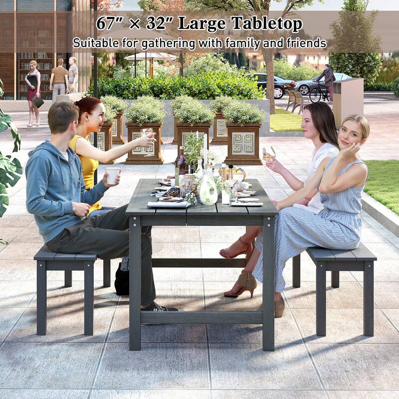 Gymax 3PCS Dining Table Set w/ 2 BenchesPatio HDPE Weather Resistant