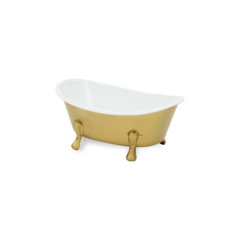 HomeRoots 7" Gold And White Metal Hand Painted Decorative Tub - 7.00 in. x 3.25 in. x 4.00 in.
