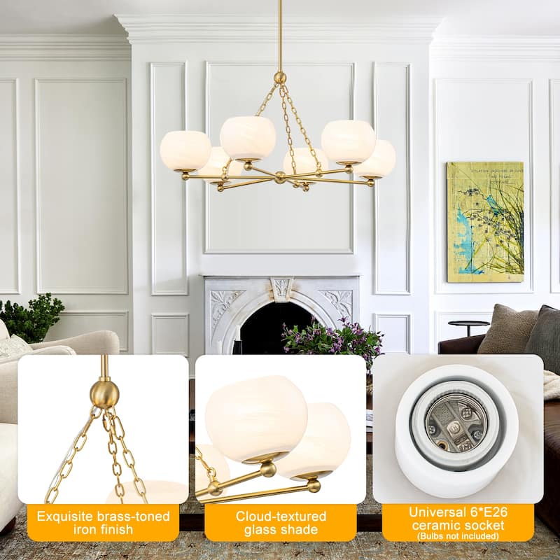6-Light Brushed Gold Branch Chandelier with Cloud-Pattern Glass Shades - Dia.35.43-in