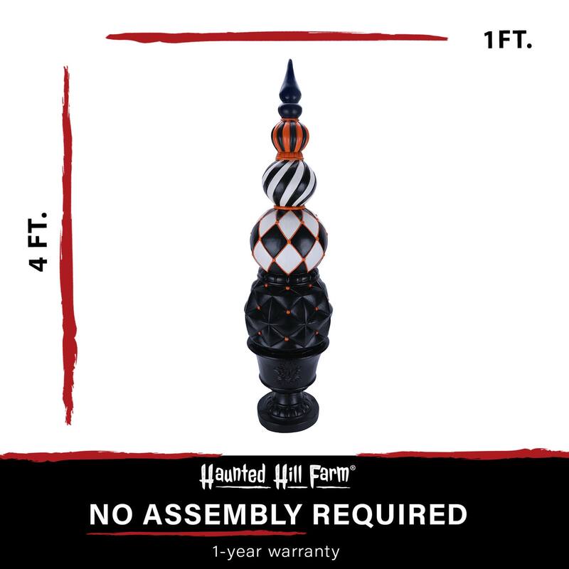Haunted Hill Farm 4-Ft. Resin Ball and Finial Topiary in a Black Pedestal Urn - Indoor or Outdoor Halloween Decoration
