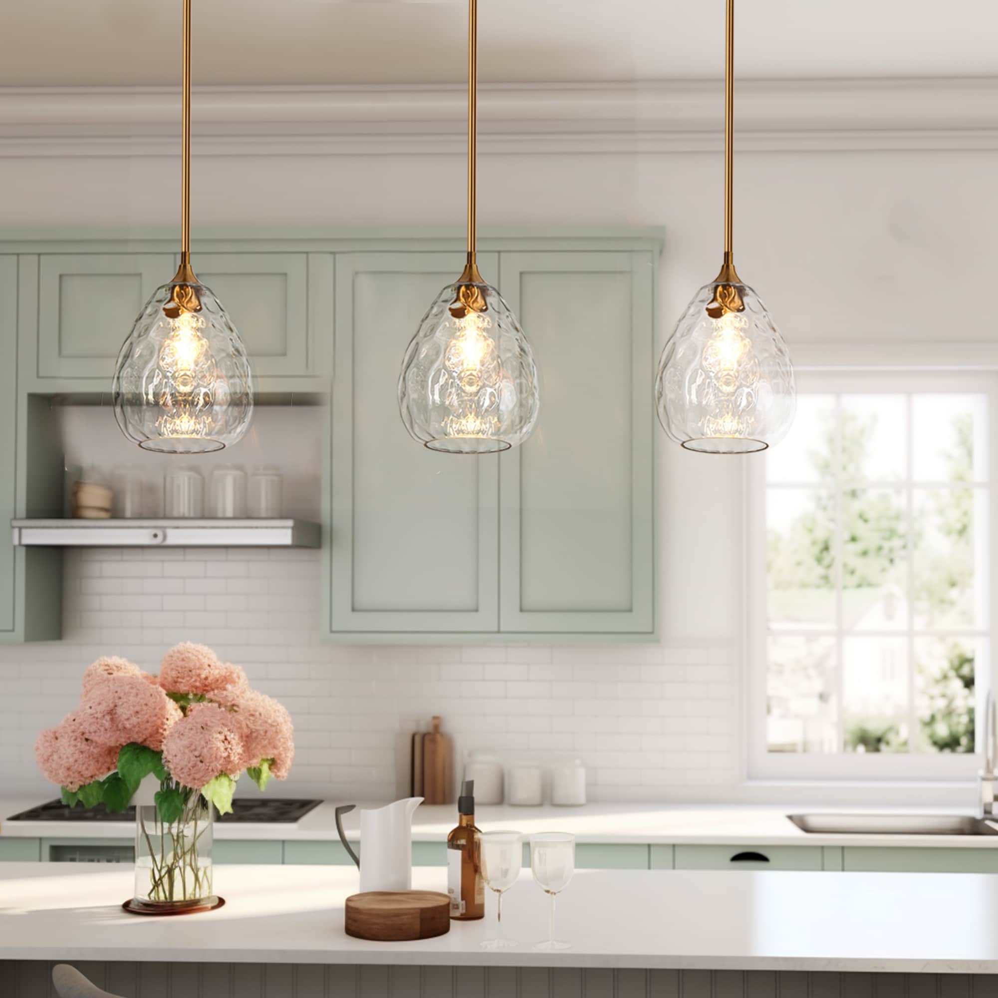 Modern 1 Light Teardrop Gold Pendant Light for Kitchen Island with Textured Glass Shade D7.8 x H72.2 Max Brass