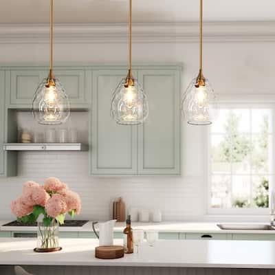 Modern 1-Light Teardrop Gold Pendant Light for Kitchen Island with Textured Glass Shade