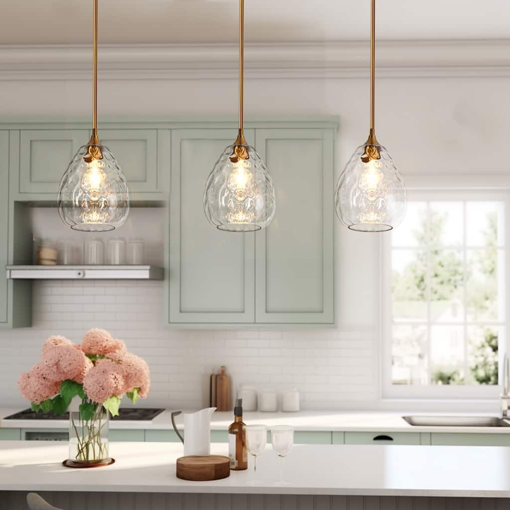 Modern 1-Light Brass Gold Pendant Light with Textured Glass for Kitchen Island