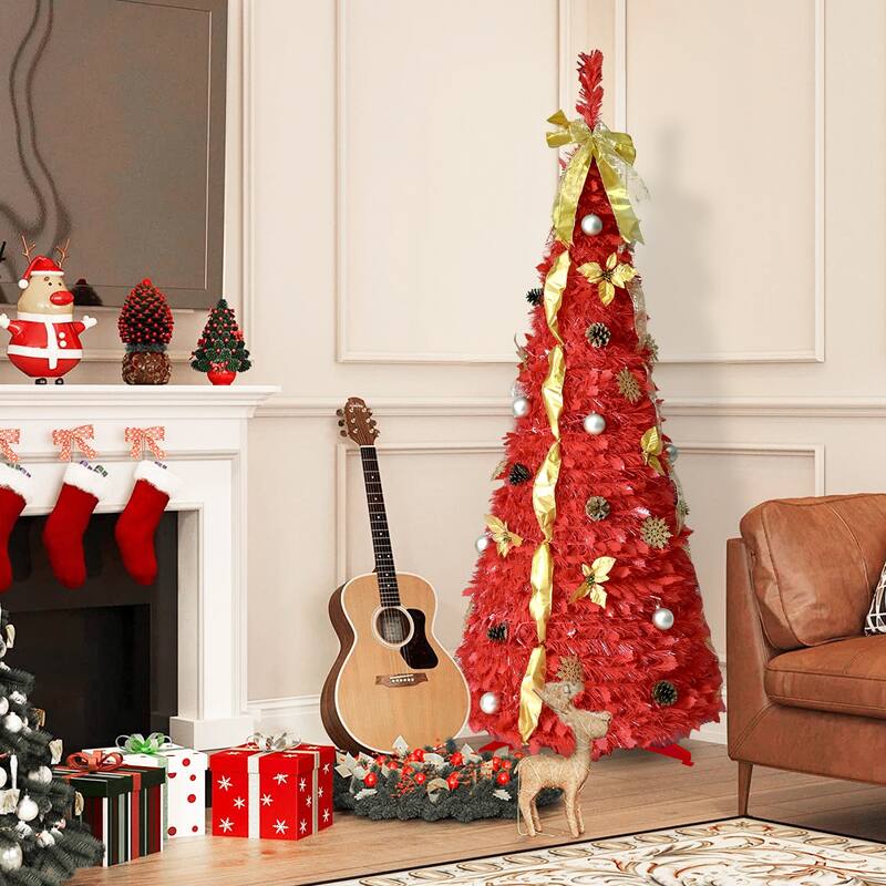 6FT Red Pop-Up Christmas Tree with 150 LED Lights, Ornaments Included